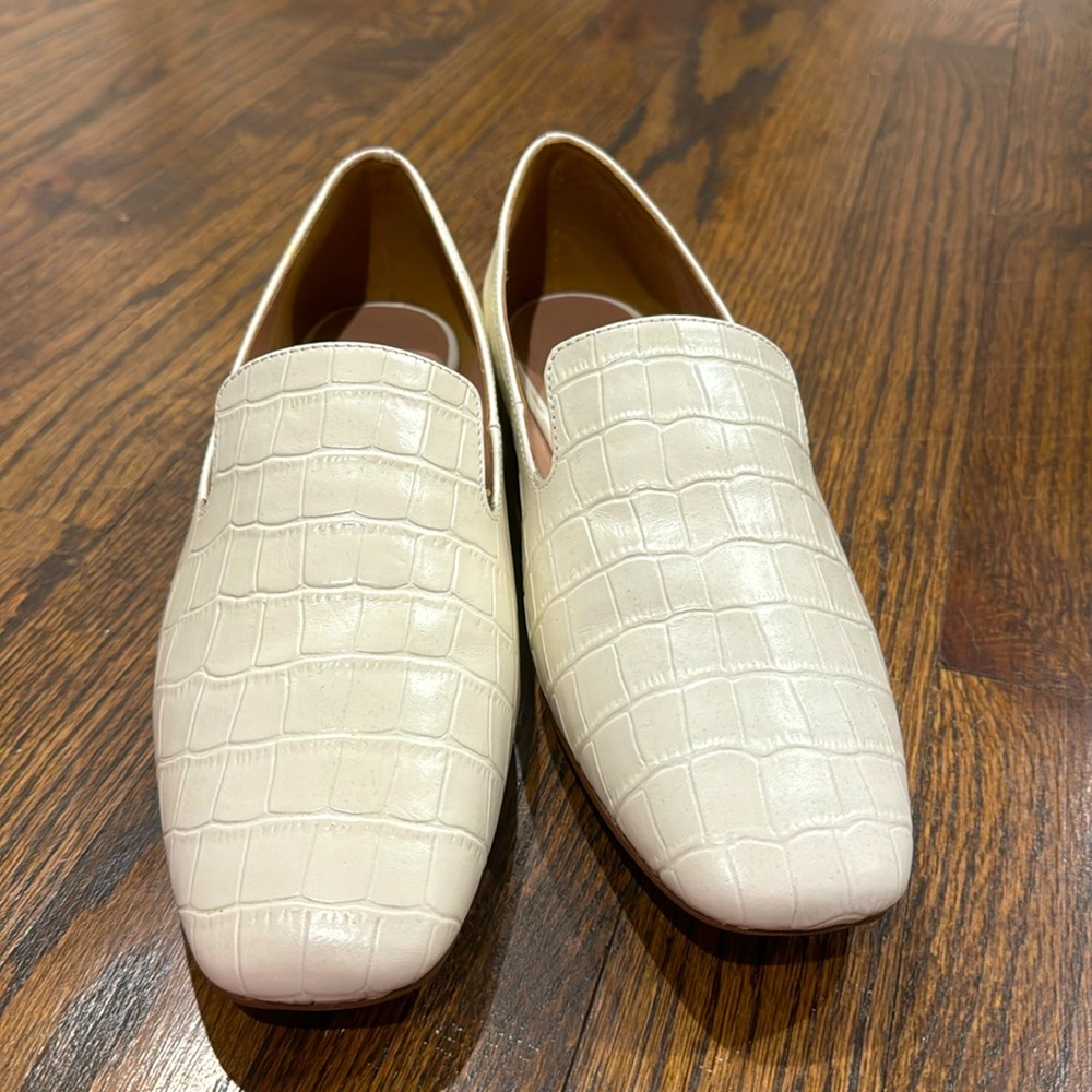 White croc flat with gold heel